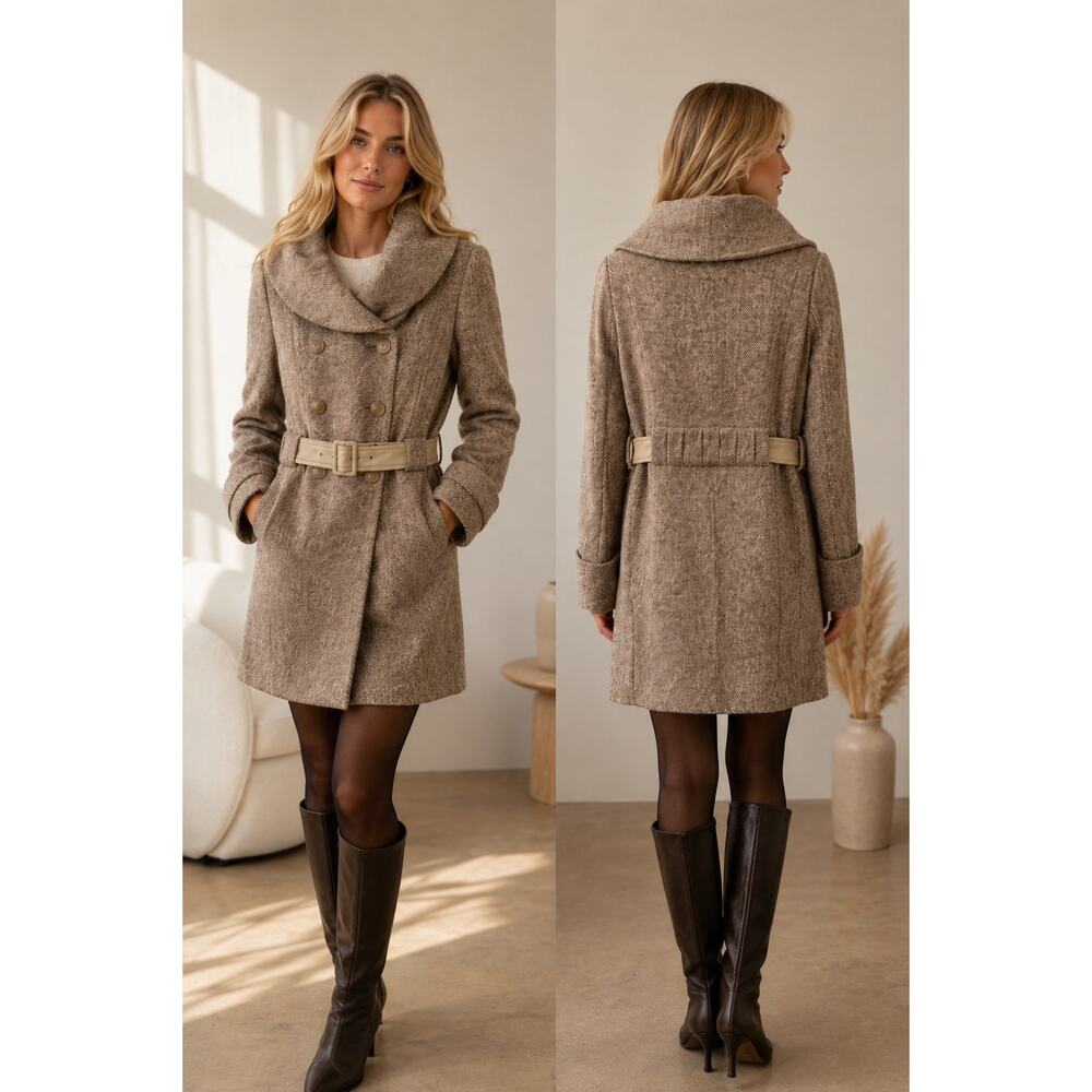 Vintage Marciano Wool Mohair Belted Coat Mock Neck Double Button Sz S Clean Girl